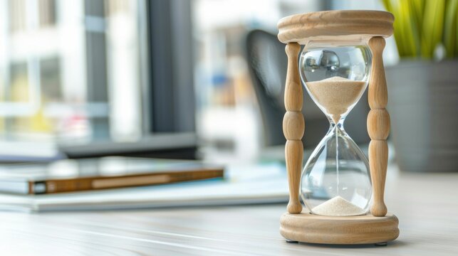 Wooden Hourglass on Office Desk. Generative ai.
