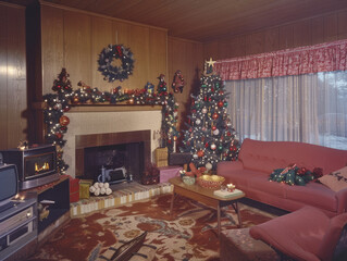 Nostalgic 1950s Christmas Living Room: Warm and Inviting Atmosphere