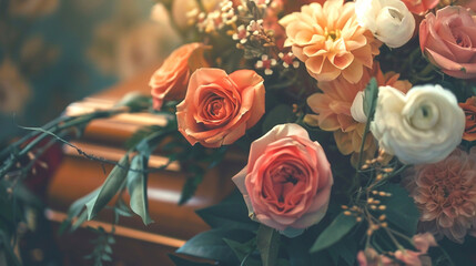 Fototapeta premium Closeup of bouquet of flowers on brown wooden burial casket coffin on a funeral. Grief and sadness for dead person, death and loss ceremony, pass away remembrance, farewell church