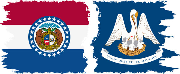 Louisiana and Missouri states grunge brush flags connection, vector