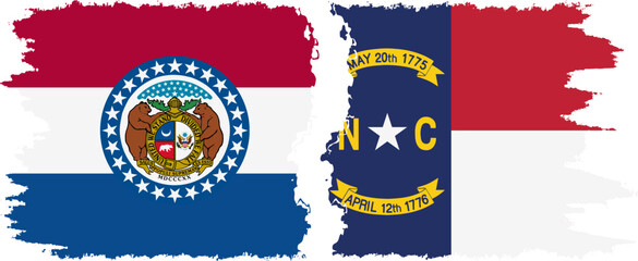 North Carolina and Missouri states grunge brush flags connection, vector