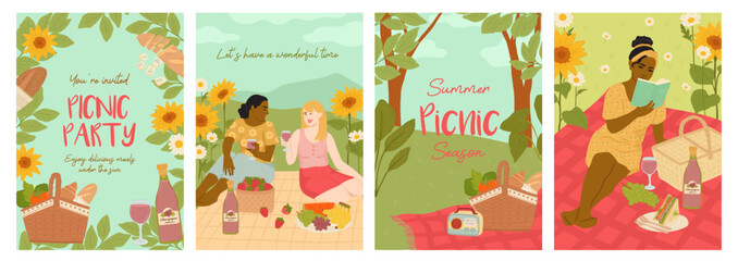 Fototapeta premium Collection of summer picnic woman vector illustration, sunflower and landscape