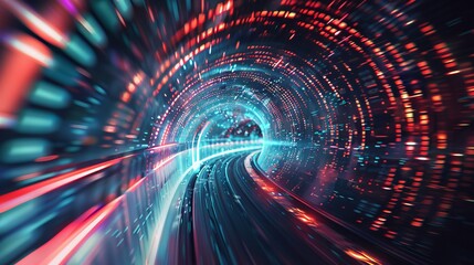 Fototapeta premium Data is flowing through a futuristic tunnel, creating a vortex effect. The background is a vector image, making it ideal for use in digital designs.