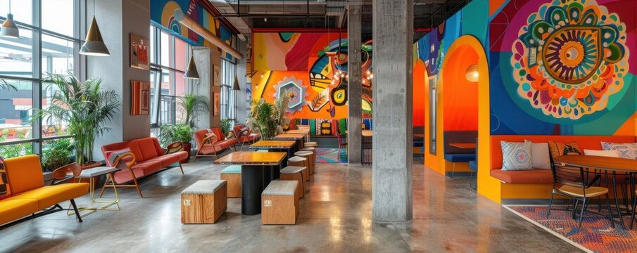 Creative office space with colorful murals, collaborative pods, and a mix of vintage and modern furniture, Eclectic, Bright colors, Mixed media, artistic and inspiring