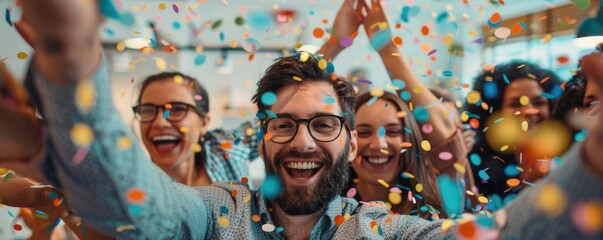 Professional team celebrating a successful project completion, confetti in the air, highfives and smiles, vibrant office environment