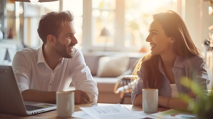 Fototapeta premium Young Couple Discussing Insurance Policy with Professional Financial Advisor in Modern Office Setting