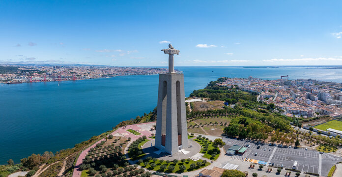 Aerial view of Sanctuary of Christ the King or Santuario de Cristo Rei on sunny summer day in Lisbon, Portugal.
