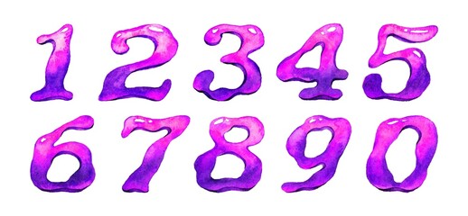 Hand-painted purple watercolor numbers 0-9. Each number features unique organic shapes and vibrant gradients, ideal for artistic projects, invitations, posters, and educational materials