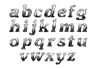 Hand-painted, black and white watercolor lowercase alphabet. Each letter has unique organic shapes and soft gradients, perfect for artistic projects, logos, posters, and invitations.