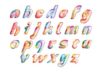 Bright, multicolored watercolor alphabet with lowercase letters. Each letter has organic shapes and soft pastel hues, ideal for artistic projects, card designs, and invitations