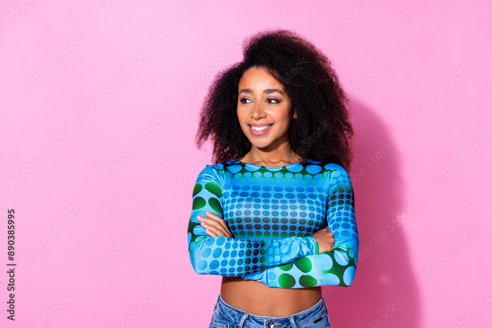 Poster Photo portrait of attractive young woman crossed hands look empty space dressed stylish blue clothes isolated on pink color background