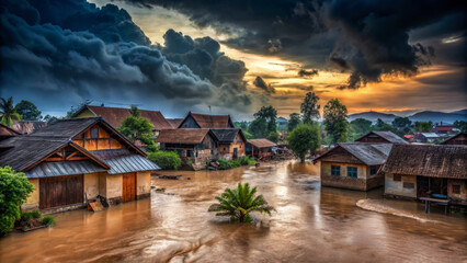 Obraz premium Aftermath of natural disaster. Aerial view of flooded houses with dirty water all around it.