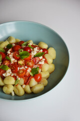 Italian gnocchi with tomato sauce with mozarella and basil on plate  on white background