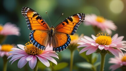 Close-up of a butterfly perched on a flower, showcasing the intricate details of its vibrant wings and the delicate petals, captured with hyper-realistic precision.