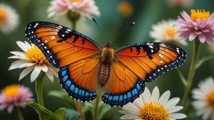 Obraz premium Close-up of a butterfly perched on a flower, showcasing the intricate details of its vibrant wings and the delicate petals, captured with hyper-realistic precision.