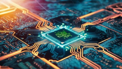 A glowing microchip with circuits, symbolizing advanced technology and innovation.