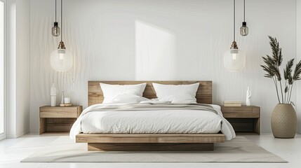 A modern bedroom with rice-colored glass pendant lights hanging above the bed