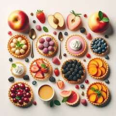 Collection of fruit cream curd fruit tart tartlet pastry dessert, on transparent, top view overhead. Apple, strawberry, apricot, peach, blackberry, cherry, raspberry, blueberry