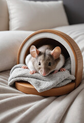  A sleepy mouse napping in a cozy bed. 