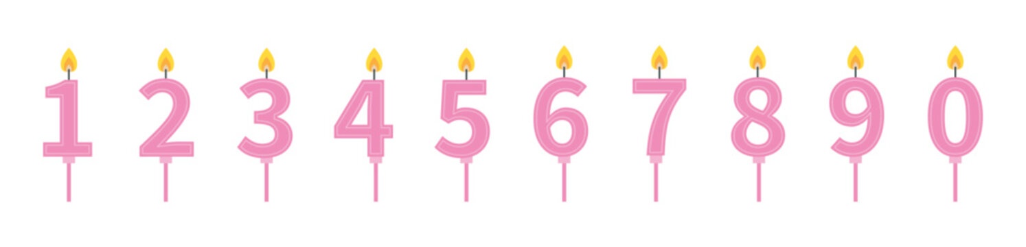 Numbers with yellow fire flame. Happy Birthday candle number set line. Pink bright color. Flat design. Clip art elements for invitation, birthday card. White background. Isolated. Vector illustration