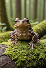 Fototapeta premium A curious toad exploring a mossy log. 