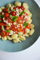 Italian gnocchi with tomato sauce with mozarella and basil on plate  on white background