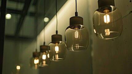 A row of rice-colored glass light bulbs hanging from a modern ceiling fixture