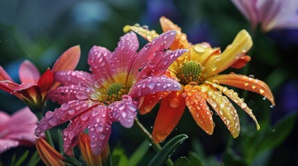 Beautiful flowers glistening in the morning rain, droplets highlighting their vibrant colors