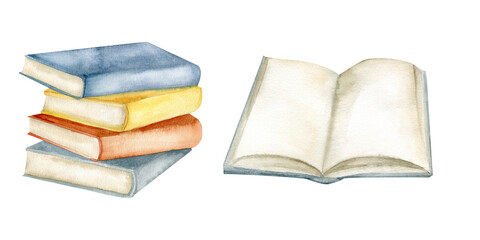 Watercolor colorful stroke of books in vintage colors and opened reading book illustration. Hand drawn school elements for seasonal poster, packing, stationery design. Back to school decor.