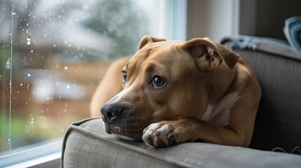 Bored 1-year-old female boxer pit bull mix dog lying on a chair, looking out the window on a rainy day.