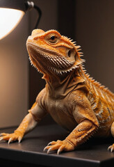 Obraz premium A bearded dragon basking under a heat lamp. 