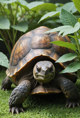 Naklejka premium A tortoise grazing on a leafy plant. 
