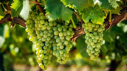 Green grapes hang in bunches on a vine, surrounded by healthy leaves. The perfect grapes for making wine in the Penedes region of Spain.