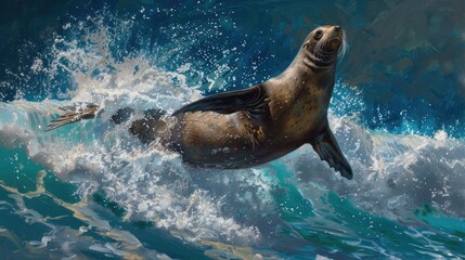 Obraz premium Sea lion diving into the ocean