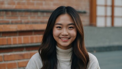 Beautiful Asian woman of middle age or young age posing for beauty portrait. Pretty mature adult lady model from Asia looking at camera smiling on background advertising with copy space