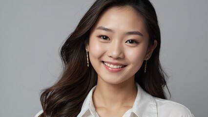 Fototapeta premium Beautiful Asian woman of middle age or young age posing for beauty portrait. Pretty mature adult lady model from Asia looking at camera smiling on background advertising with copy space