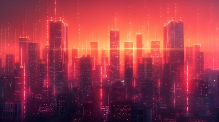 Glowing Futuristic Cityscape with Digital Neon Lights and Vibrant Atmosphere