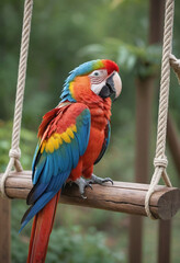 Obraz premium A colorful macaw perched on a wooden swing. 