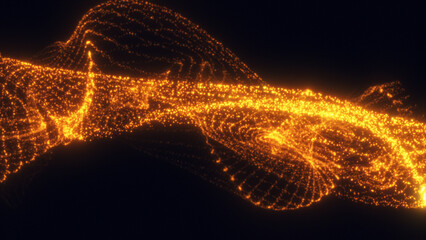 Glowing orange background: abstract figures with bright glow. orange particles, light grid