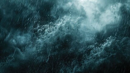 Fototapeta premium Intense rain splashes and thick fog overlaying a dark background, evoking a stormy atmosphere