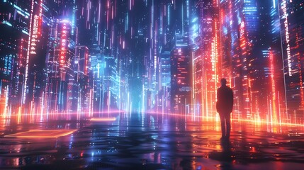 Futuristic Cyber City with Vibrant Neon Lights and Augmented Reality Ads in Dynamic Panoramic Background