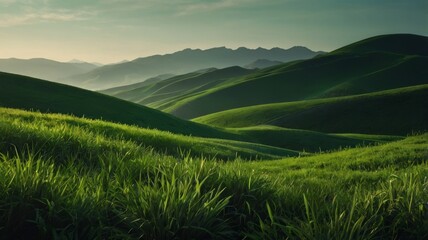 Serene green landscape with lush grass and rolling hills at sunset. Perfect for nature backgrounds, tranquil scenes, and countryside themes.