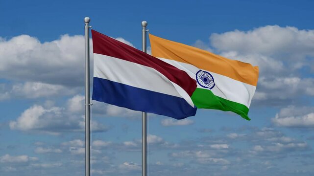 India and Netherlands flags flying together, video concept of the relationship, two country relations concept