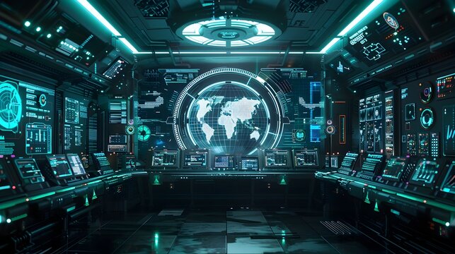 Holographic Futuristic Control Room with Cyber Globe and Digital Interfaces
