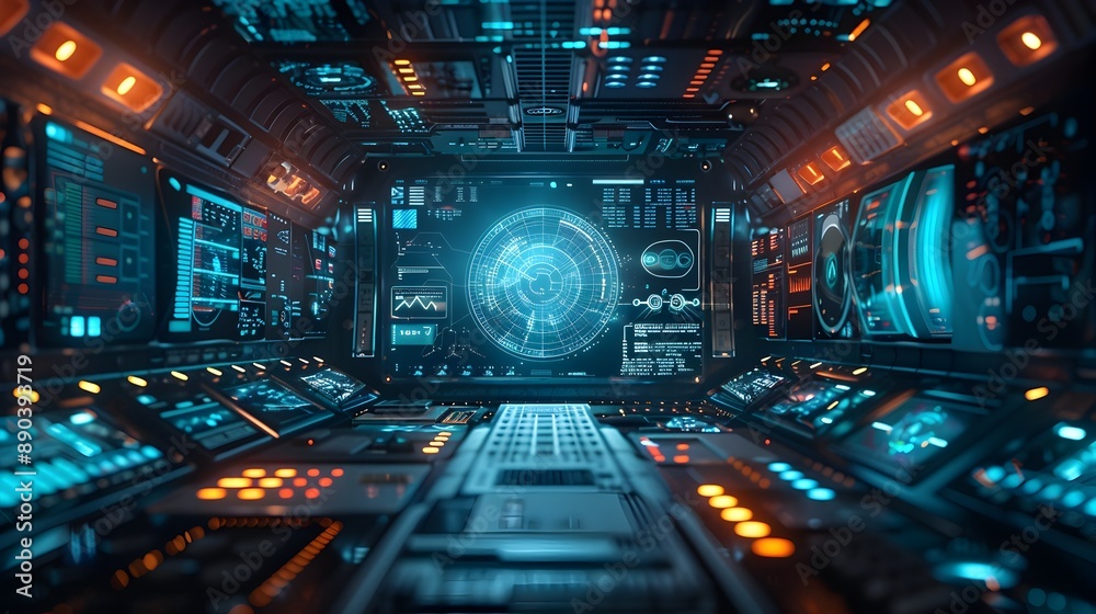 Poster futuristic cyber interface with holographic data visualization and interactive elements
