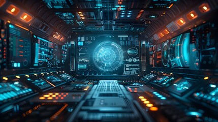 Futuristic Cyber Interface with Holographic Data Visualization and Interactive Elements