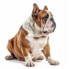 Obraz premium Cute bulldog sitting and looking away on white background.