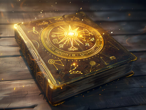 An old ancient book opened and emitted a beautiful golden light showing the 12 astrological signs.
