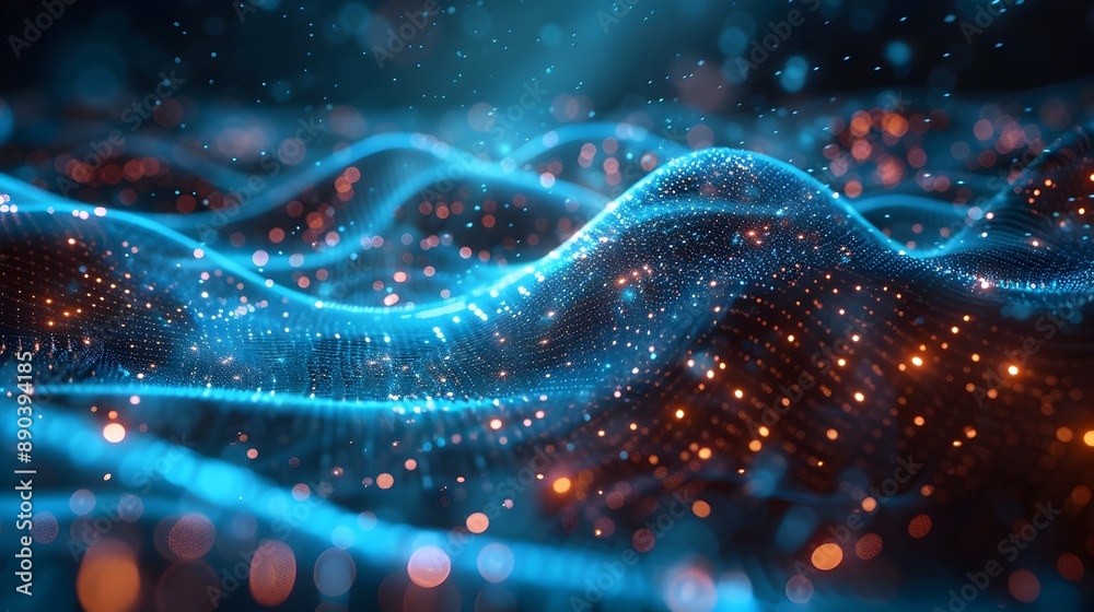 Poster flowing digital data streams through an abstract high tech cyber background