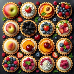 Collection of fruit cream curd fruit tart tartlet pastry dessert, on transparent, top view overhead. Apple, strawberry, apricot, peach, blackberry, cherry, raspberry, blueberry